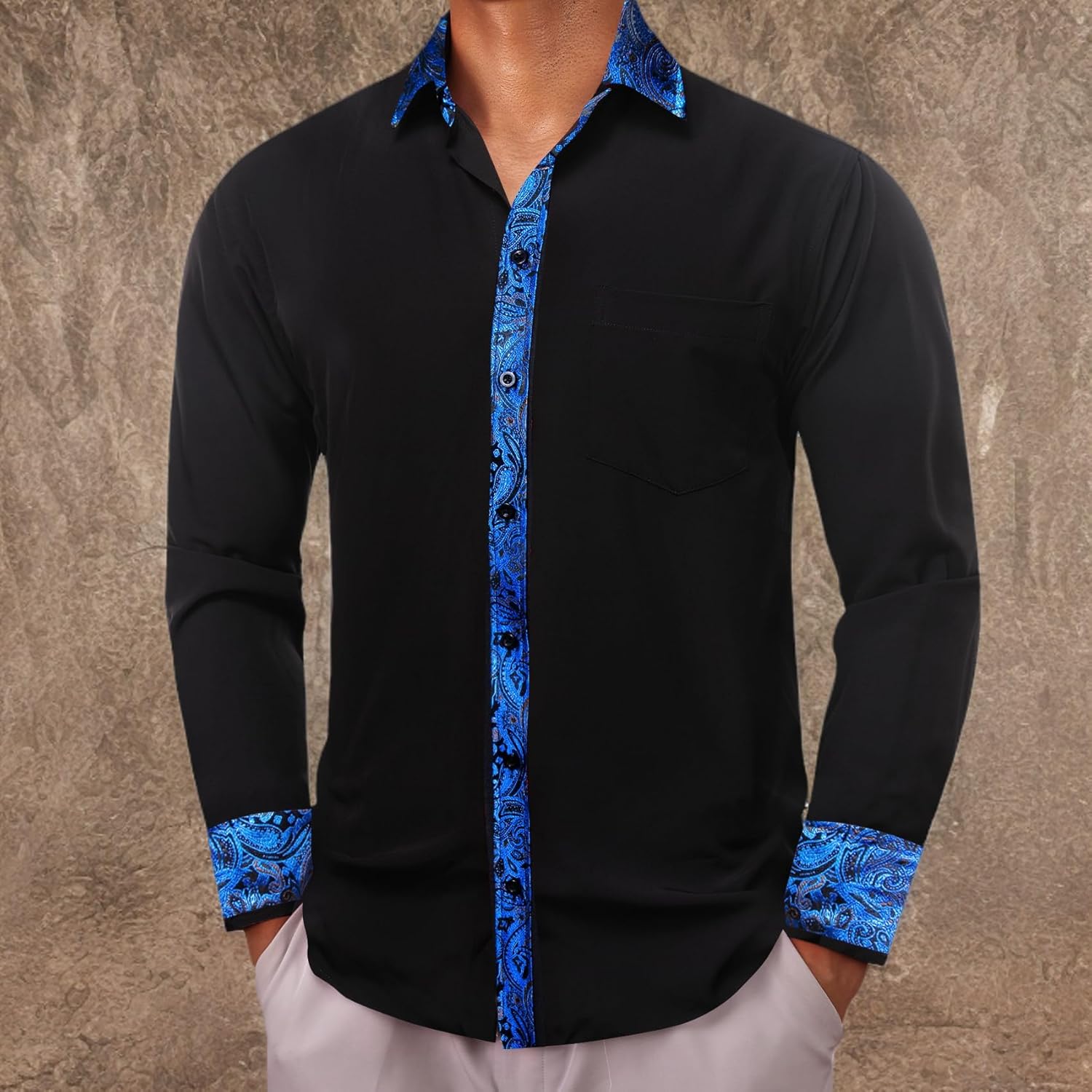 Barry.Wang Mens Business Shirts Long Sleeve Button Down Formal Shirt Collar Cuff Contrast Casual Dress Shirt Party Disco - Image 7