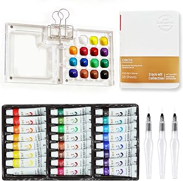 MUZMDNI Mini Watercolor Paint Set Portable, Travel Grid Paint Palette Box with Binder Clips Include 24 Colours, Brush*3 and Picture Album Art Materials Coloring Markers for Travel, Creative Drawing Kit for Beginners and Art Enthusiasts