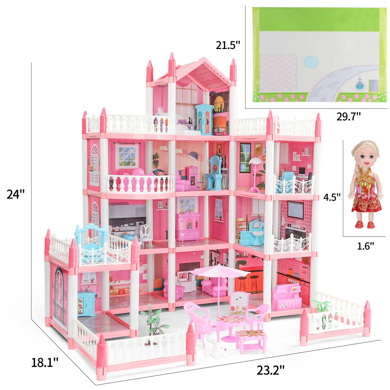 Casa de Muñecas para Niñas, 11 Habitaciones de 4 Pisos con 4 Muñecas y Accesorios de Mobiliario y Luces Intermitentes, Casa de Muñecas Princesa Juguetes Regalo para 3 4 5 6 7 8 Años de Edad
