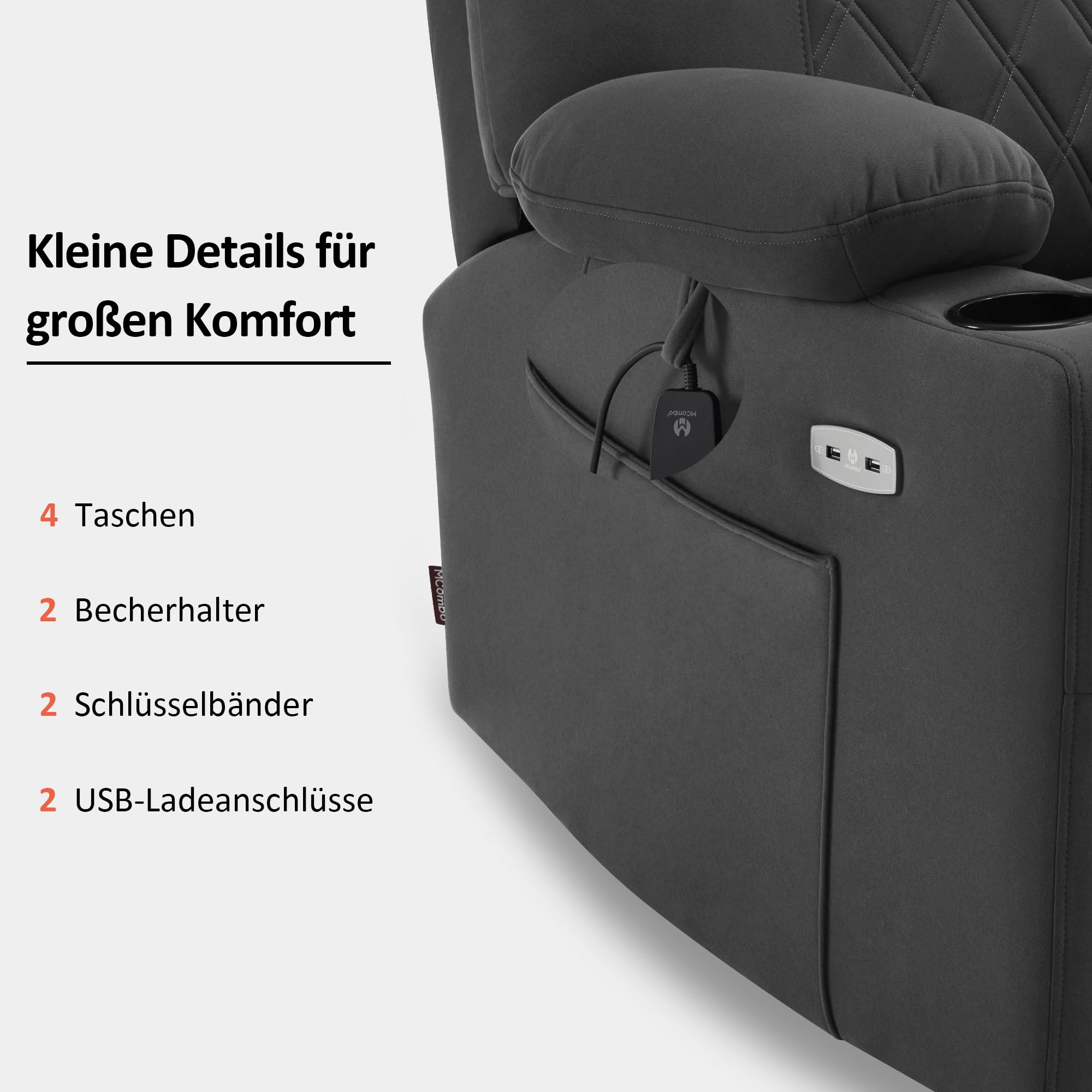 M MCombo Sillón eléctrico con ayuda para levantarse con 2 motores, respaldo y reposapiés ajustables por separado, sillón relax con función reclinable eléctrica 7501 (tejido de microfibra, gris oscuro)