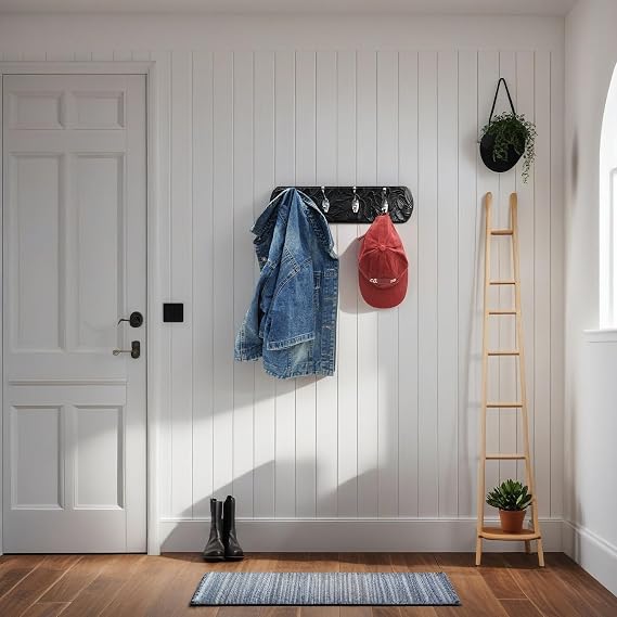 Decorative Wall Mounted Coat Rack with 4 Hooks, Rustic Wood Wall Organizer for Hanging Coats, Hats, Towels, Bags,Jackets, Keys (Antique Black)