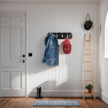 Decorative Wall Mounted Coat Rack with 4 Hooks, Rustic Wood Wall Organizer for Hanging Coats, Hats, Towels, Bags,Jackets, Keys (Antique Black)
