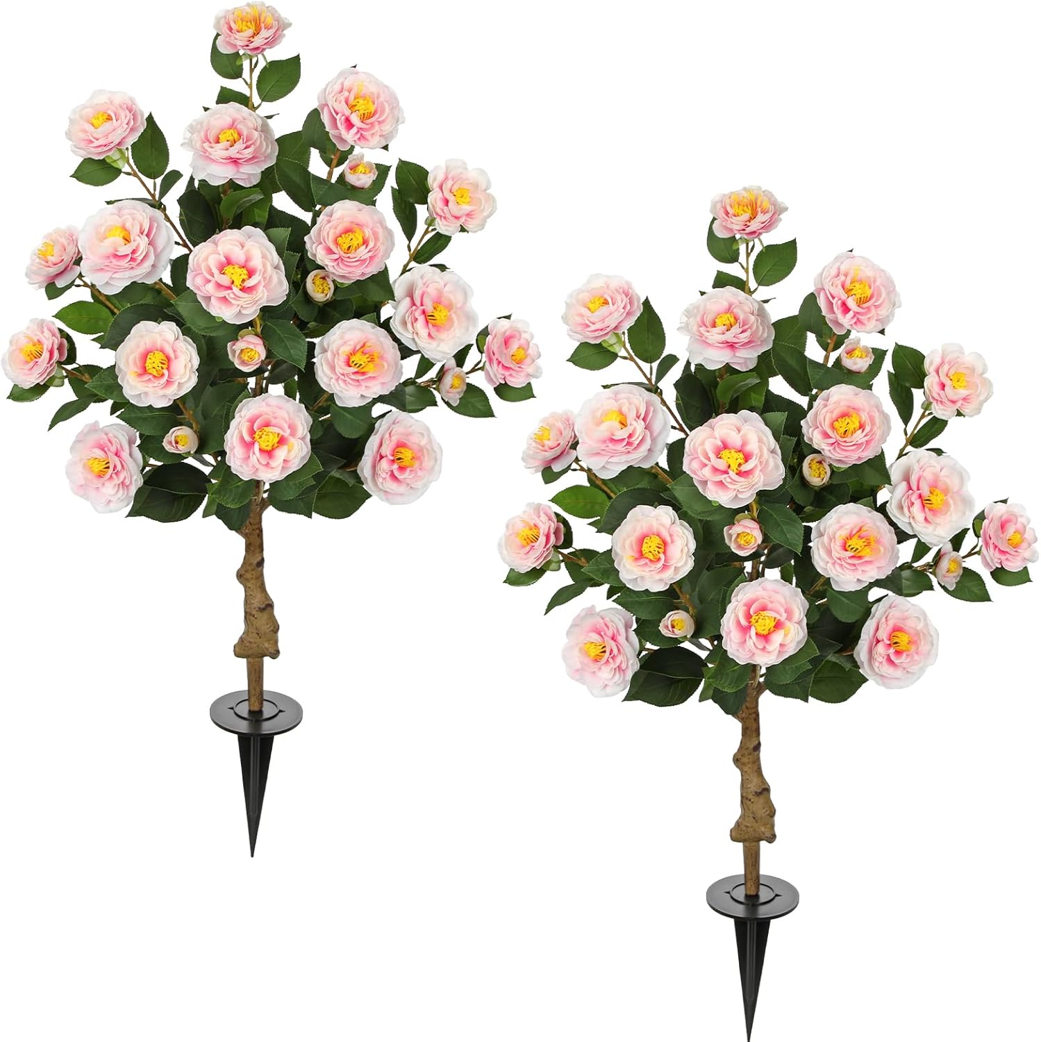 Hollyone 2 Pack Artificial Camellia Tree, 3FT Faux Pink Camellia Flowers Plant with Ground Spike Fake Floral Blooming Flower Plants for Home Indoor Outdoors Front Door Porch Garden Decor