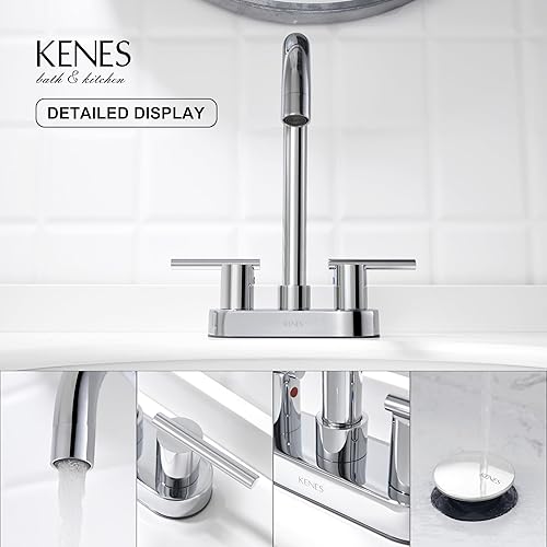 Miniatura 9 de KENES KE-9019-5 - Grifo central de baño de 4 pulgadas y 2 asas, grifo de lavabo comercial moderno cromado de 3 agujeros, grifo de tocador con