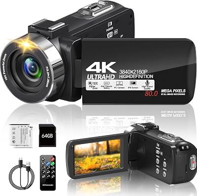 4k Video Camera Camcorder 80MP 30FPS with 3.0 Inch 270°Rotation Screen IR Night Vision18x Digital Zoom Vlogging Camera for YouTube Remote Control ,64GB SD Card and 2 Batteries