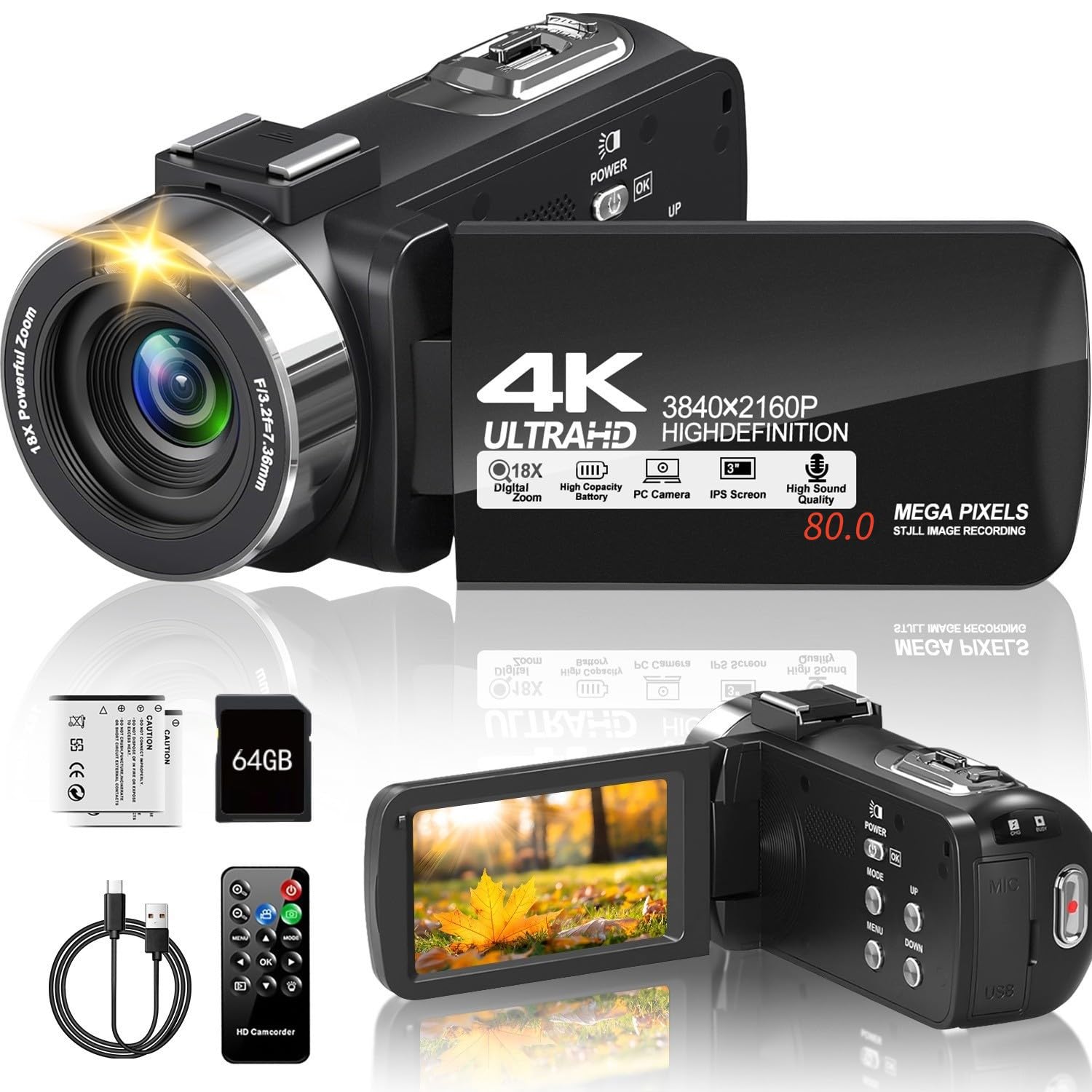 4k Video Camera Camcorder 80MP 30FPS with 3.0 Inch 270°Rotation