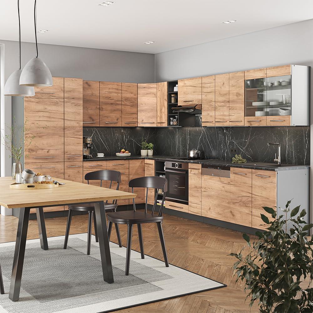 Vicco Cocina esquinera Fame-Line, Oro Power Roble/Antracita, 347 x 46 cm sin encimera, para una planificación Flexible de la Cocina y ampliación Modular