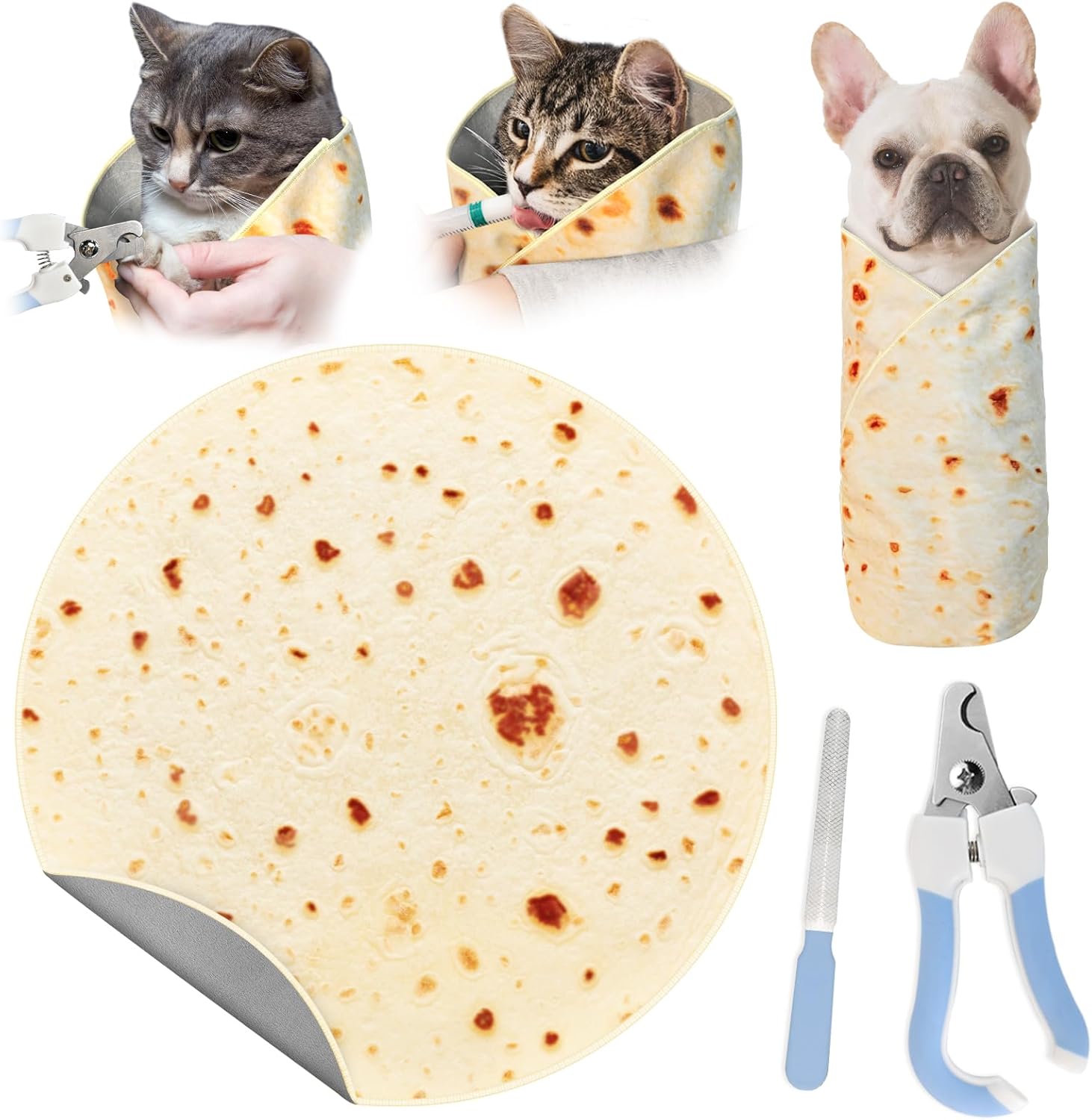 31.5″ Large Cat Grooming Wrap for Cutting Nails, Self-Stick Dog Cat Burrito Wrap with Nail Clippers Kit, Soft Tortilla Blanket Pet Tool Gifts for Multifunctional Care Medicine Anti-Escape