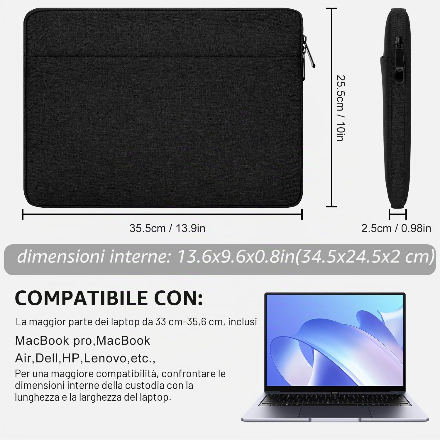 Custodia Imbottita per Laptop 13-14 Pollici Compatibile MacBook Air/Pro Chromebook PC Portatile, Nero