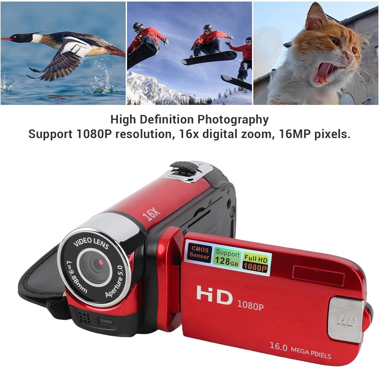 Yunir Video Camera Camcorder Digital Camera Recorder 1080P with 2.4 Inch Color Screen, 16MP 16X Zoom Anti Shake Camcorder Built in Battery (Red)