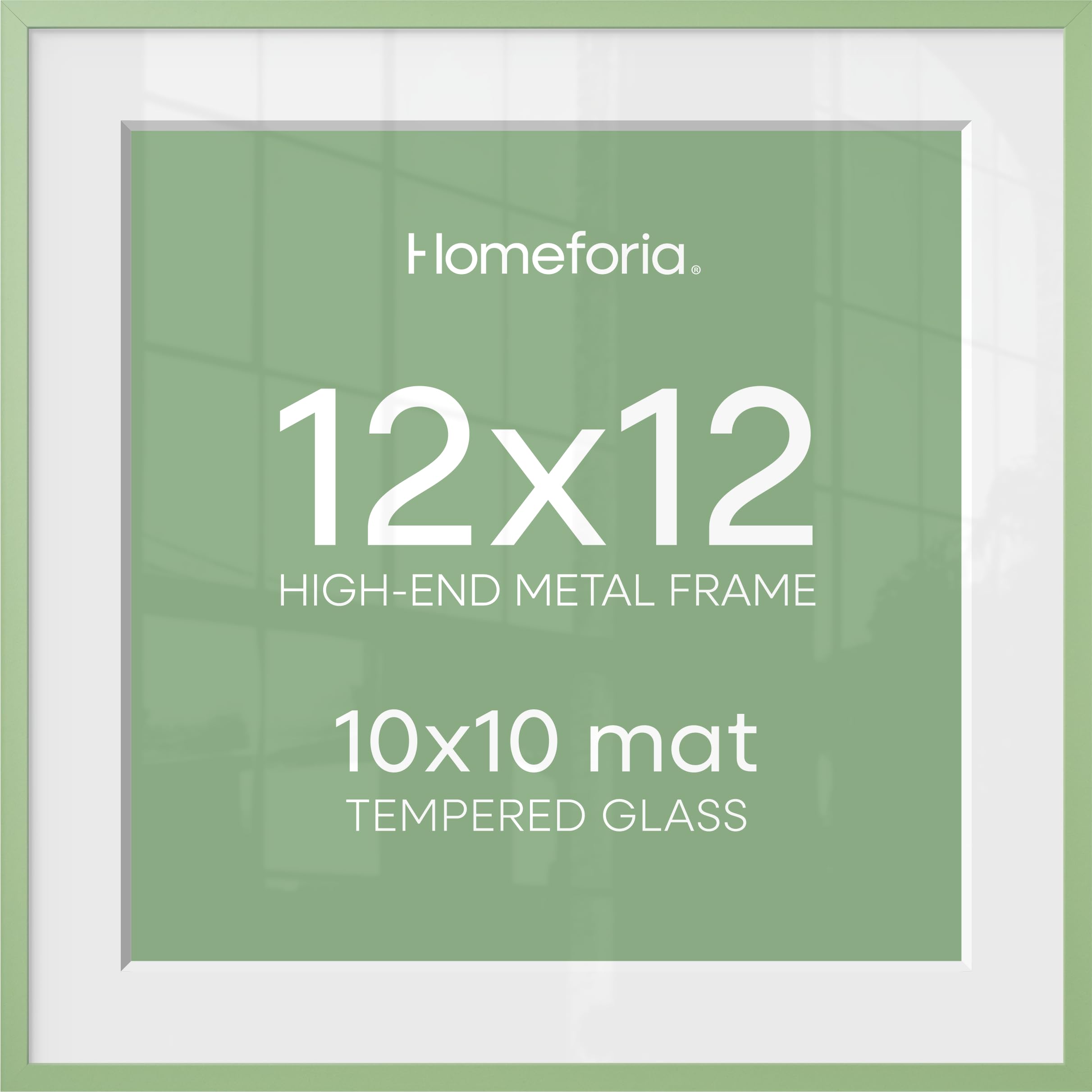 Homeforia 12x12 Green Picture Frame, High-End Metal, 10x10 Mat, Glass | High End Aluminum, Tempered Glass, Acid-Free 10x10 Removable Mat, 12x12 in Edge-to-Edge Display 12x12, Wall Kit, Set Of 1