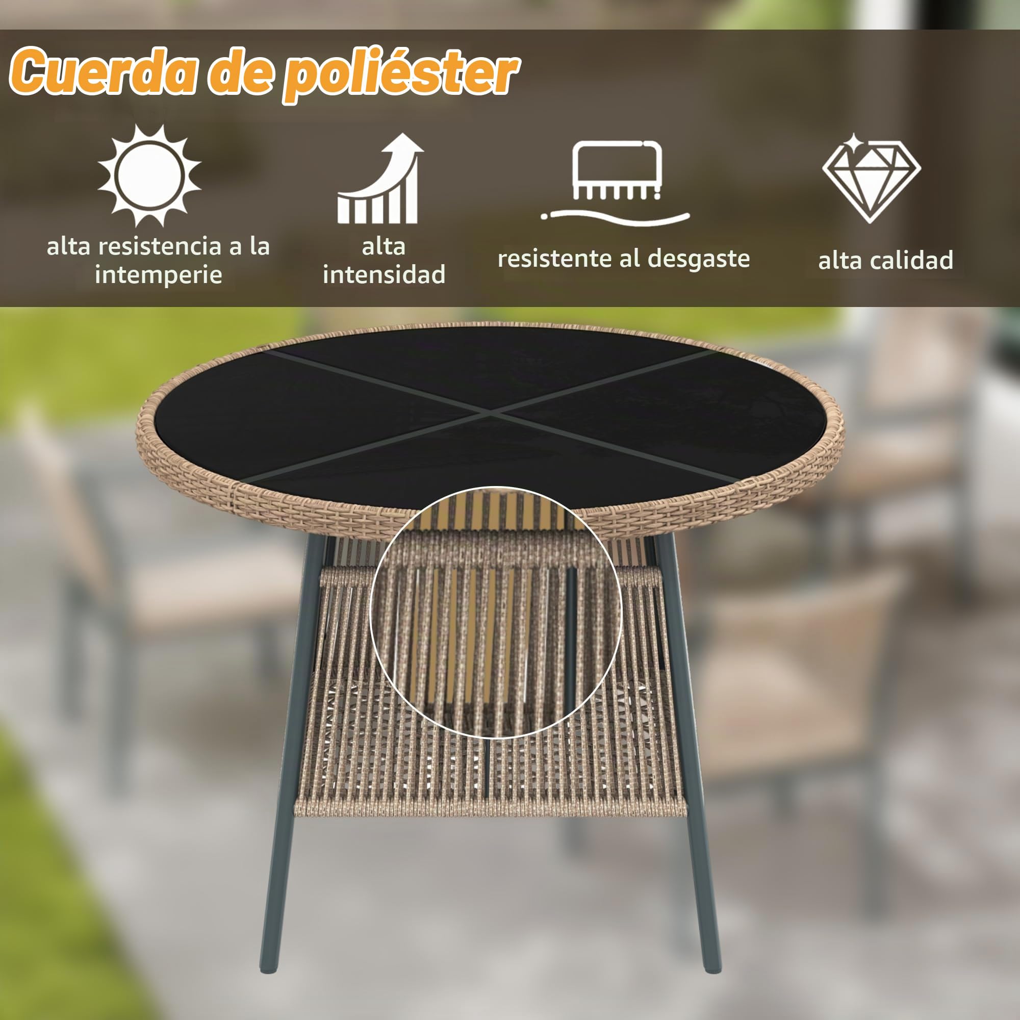 Soweiz Juego de muebles de jardín de ratán moderno, mesa redonda de cristal + 4 sillas con reposabrazos, estructura de hierro, adecuado para terraza/balcón/cubierta (gris)