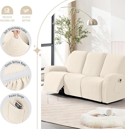 Miniatura 3 de TAOCOCO Fundas para sofá reclinable, 8 piezas, fundas elásticas para sofá grande de 3 asientos, fundas reclinables, protector de muebles con patrón