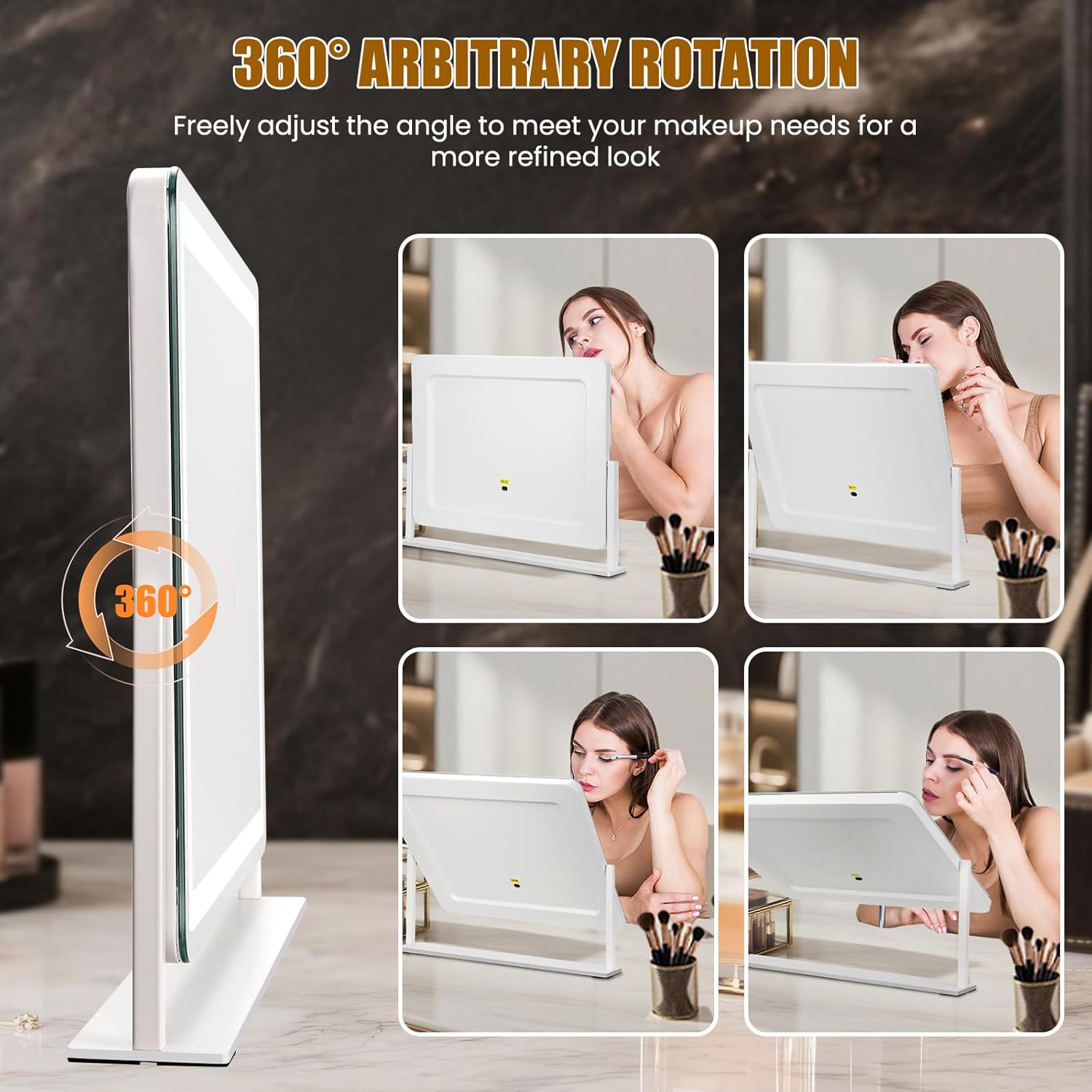 Vanity Mirror with Lights 22"×17", Large LED Makeup Mirror with Light, Smart Touch with 3-Color Lighting, Dimmable, 360° Rotation, HD Desk Mirror, Vanity Mirror Tabletop (White)