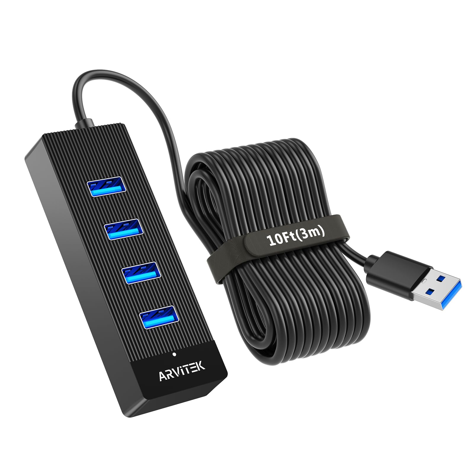 Hub USB 3.0 de 4 puertos de 10 pies para escritorio, concentrador extensor USB de 5 Gbps, adaptador multipuerto USB, divisor USB con cable largo para escritorio, PC, unidad flash, disco duro