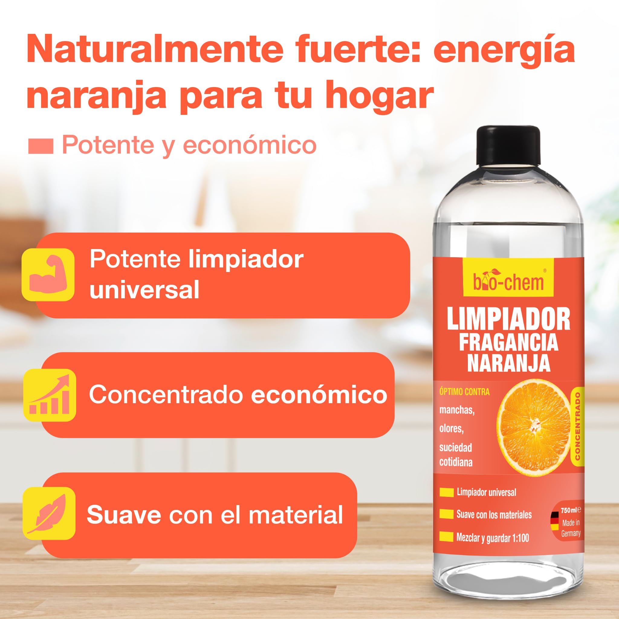 bio-chem Multiusos aroma naranja, 3 x 750 ml + botella mezcladora | Sprays para el cuidado del hogar: productos de limpieza para cocinas, baños, suelos y sofás