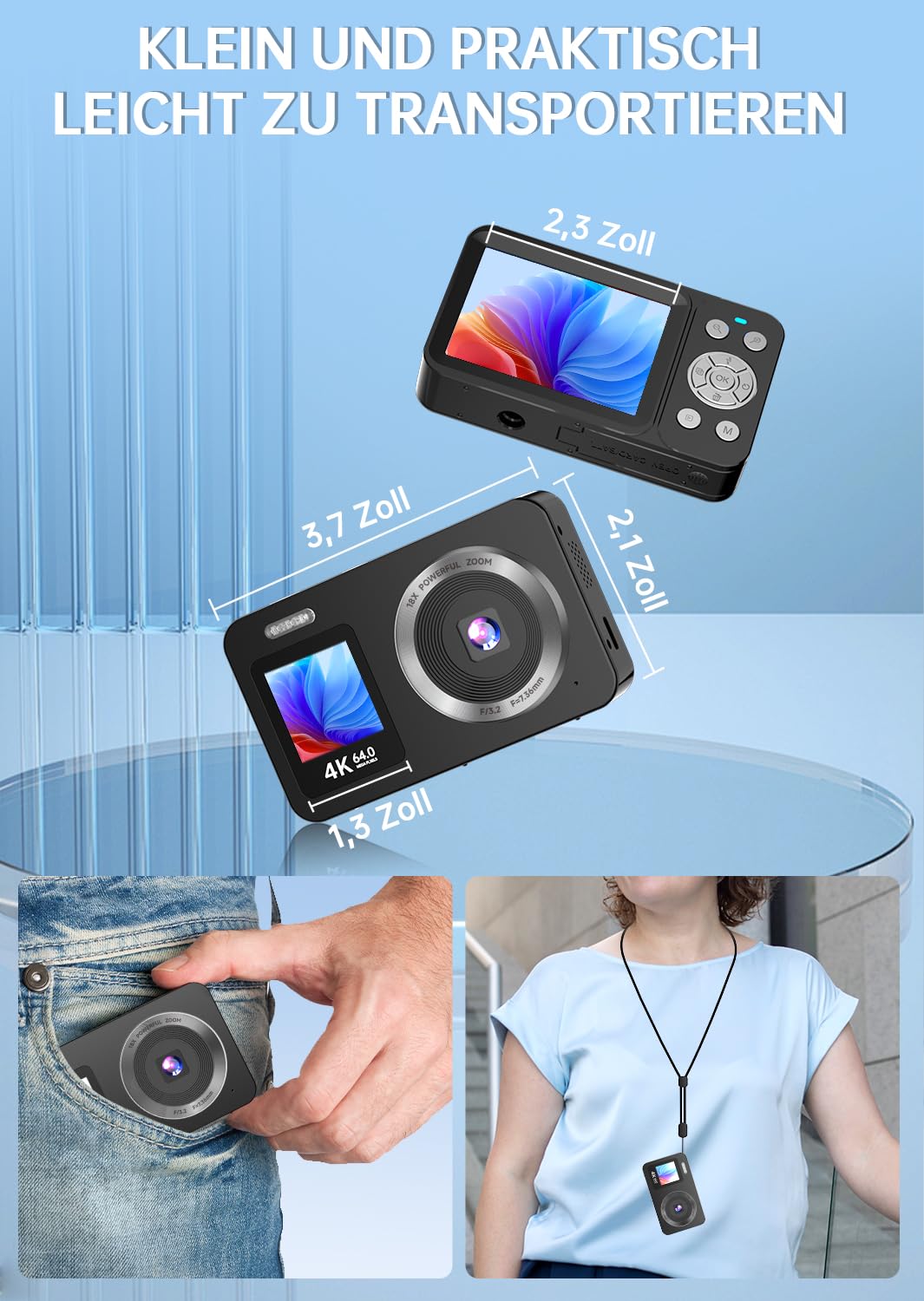 Digitalkamera 4K 64 MP, Dual-Display 18X Digitalzoom, Mini-Kompaktkamera für Vlogging (tragbar), inkl. 2 Akkus, ideal für Kinder, Teenager, Schüler, Anfänger