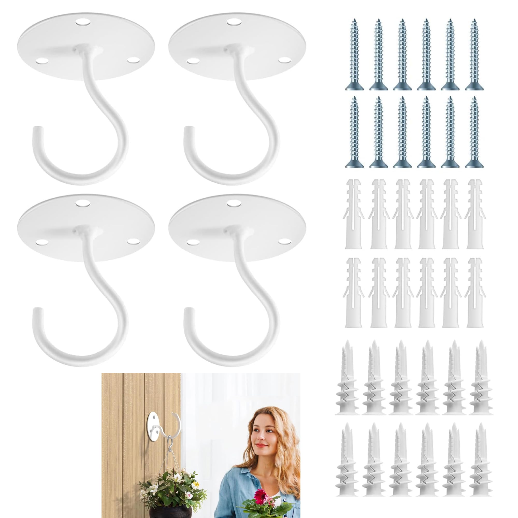 4pcs Metal Ceiling Hook with Screws for Hanging Flower Pot and Plant Pot Wall Mounted Hook for Hanging Plant Baskets/String Lights in Balcony, Porch Office Home (White)