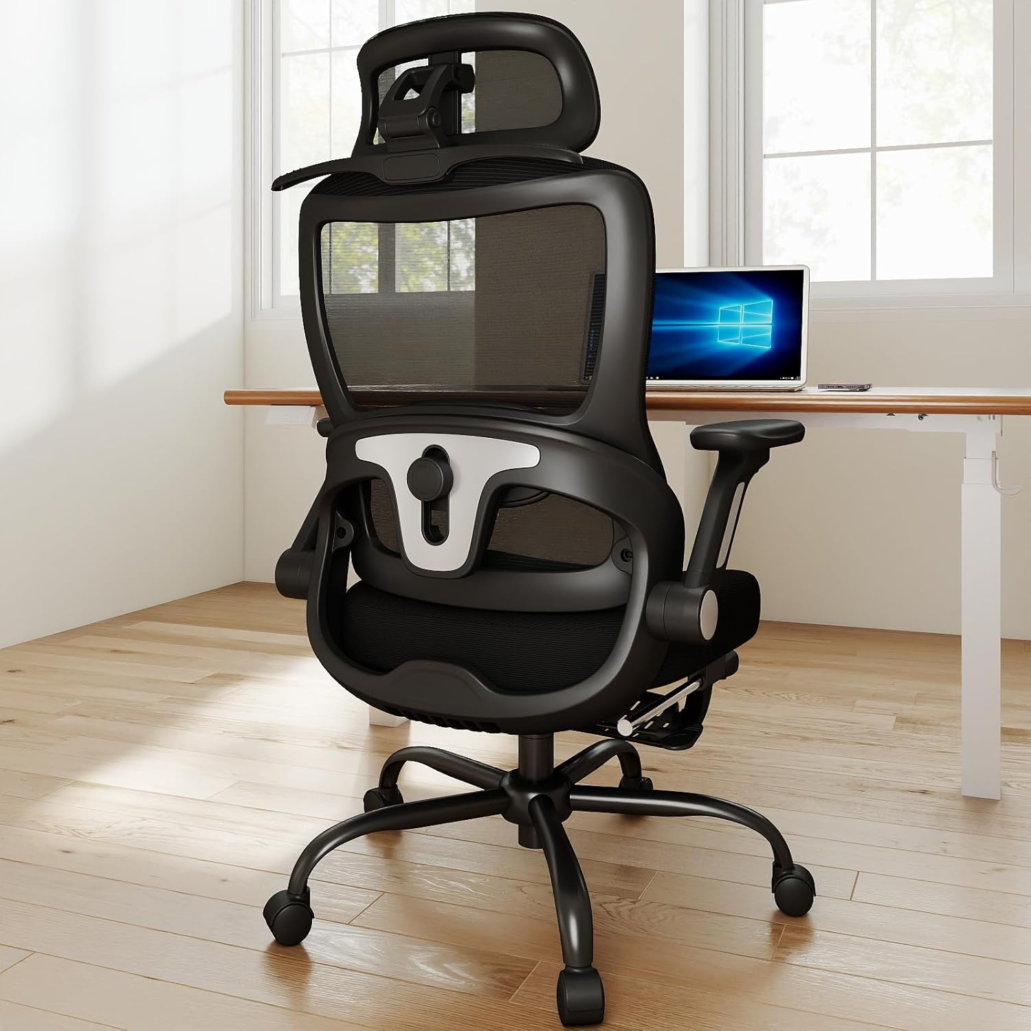 Mesh Computer Desk Chair, Ergonomic Office Chair with Footrest with 4D Flip-Up Armrests, 3D Adjustable Headrest, 2D Adjustable Backrest, 90-135° Tilt Angle with Locking Function, Black