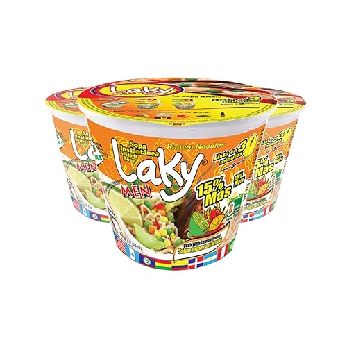 Miniatura 1 de Laky Men - Sopa instantánea de fideos, paquete de 6, sopa salvadoreña para microondas, con polvo picante y tenedor, Sopa Instantania (cangrejo con