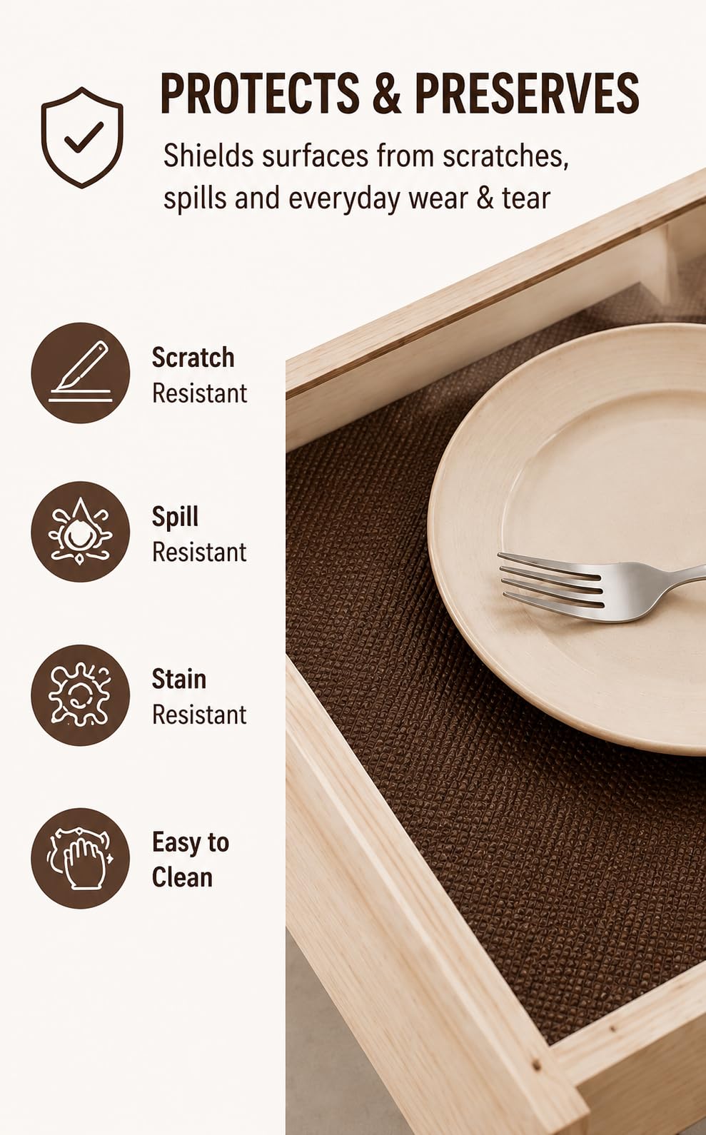 LAXIS® Shelf Liners for Kitchen Shelves | Non Slip EVA Cabinet Liner | Shelf Covers for Shelves | Waterproof Fridge Mat Roll | 45cm x 5m | Brown 3