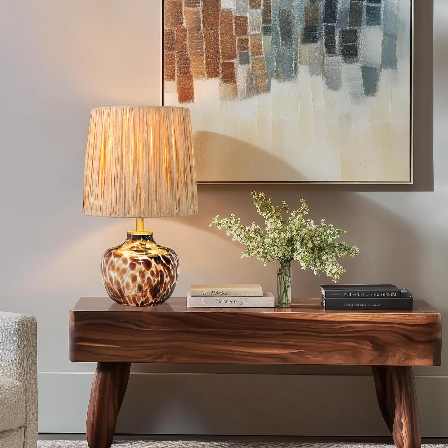 15" Hand-Blown Glass Table Lamp, Natural Raffia Shade, Mesmerizing Leopard-Print Base, Small Accent Lamp for Bedroom Nightstand, Living Room, Entryway, Kitchen Counter (Bulb Not Included)