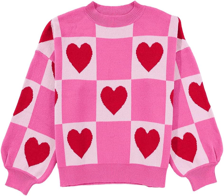 KevaMolly Womens Plus Size Valentines Sweater Lantern Sleeve Sweater Plaid Elegant Baggy Sweaters Pink Pullover Top