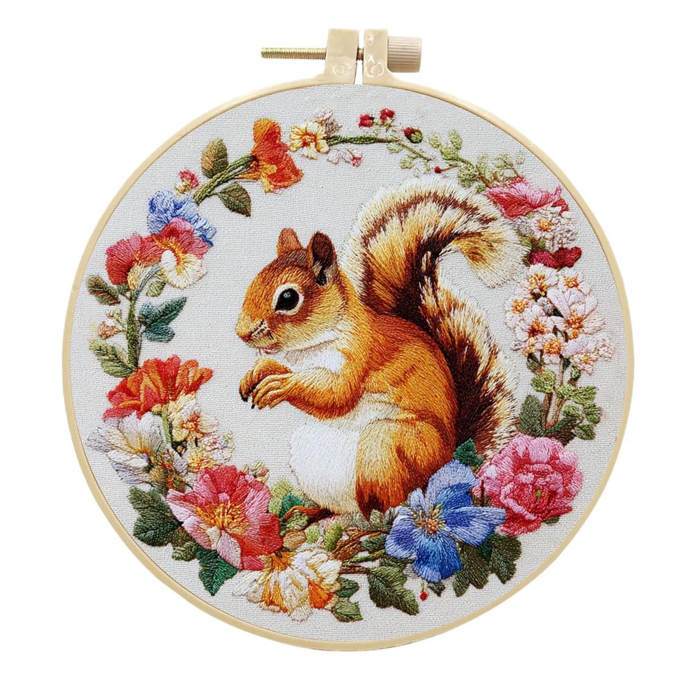 Meecaa Embroidery Kit Starter Set, Squirrel Flower Animal Hand Embroidery Set, Pattern Printed Cross Stitch Set for Beginner Adults, with Embroidery Hoop and Instructions (Squirrel)
