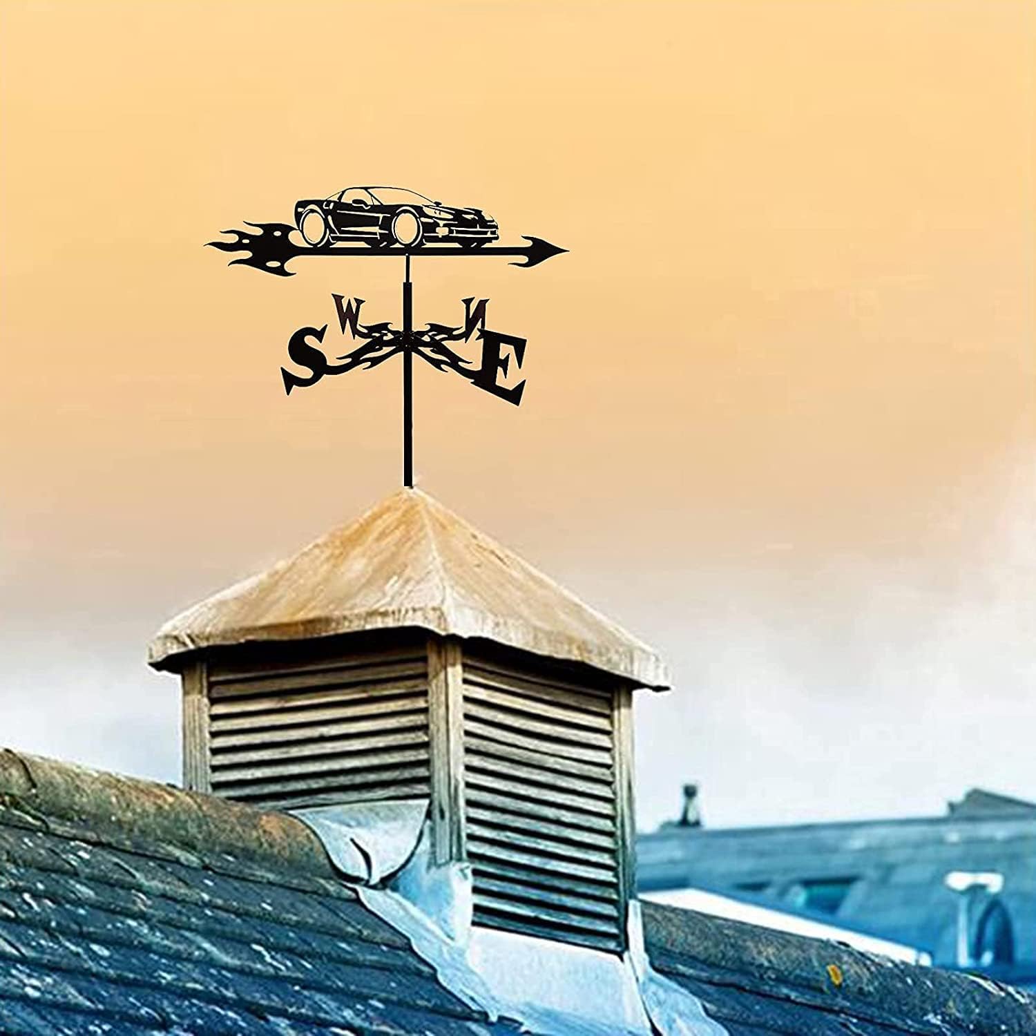 Roof Weathervane Garden Weathervane Wind Weathervane with Car Silhouette Ornament Roof Mount Weather Farm Scene Wind Direction Indicator