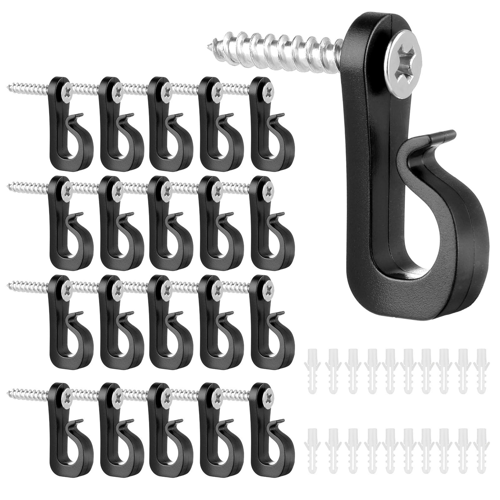 20 Ganci A Q Con Chiusura Di Sicurezza Per Esterno - Gancio A Vite Antiruggine Per Luci E Piante - 5,8x3 Cm, Nero