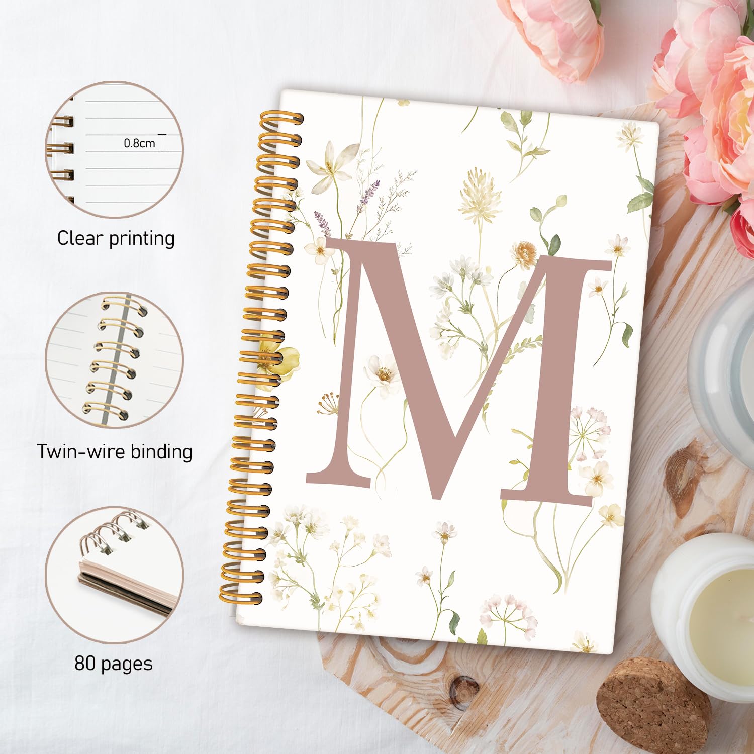 Cuaderno con letra M inicial, regalos monogramados para mujeres, diario para adolescentes, lindos cuadernos florales personalizados para mujeres, cuaderno de espiral de tapa dura de 5.5 x 8.3