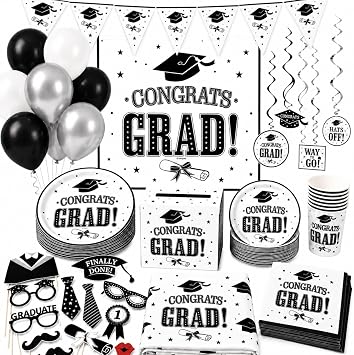 Graduation Party Supplies 2026 300 Pcs Serves 30 Disposable Black & White | Plates, Napkins, Cups, Tablecloth, Balloons, Card Box, Photo Props - Class of 2026 Decor for College High School by Oojami