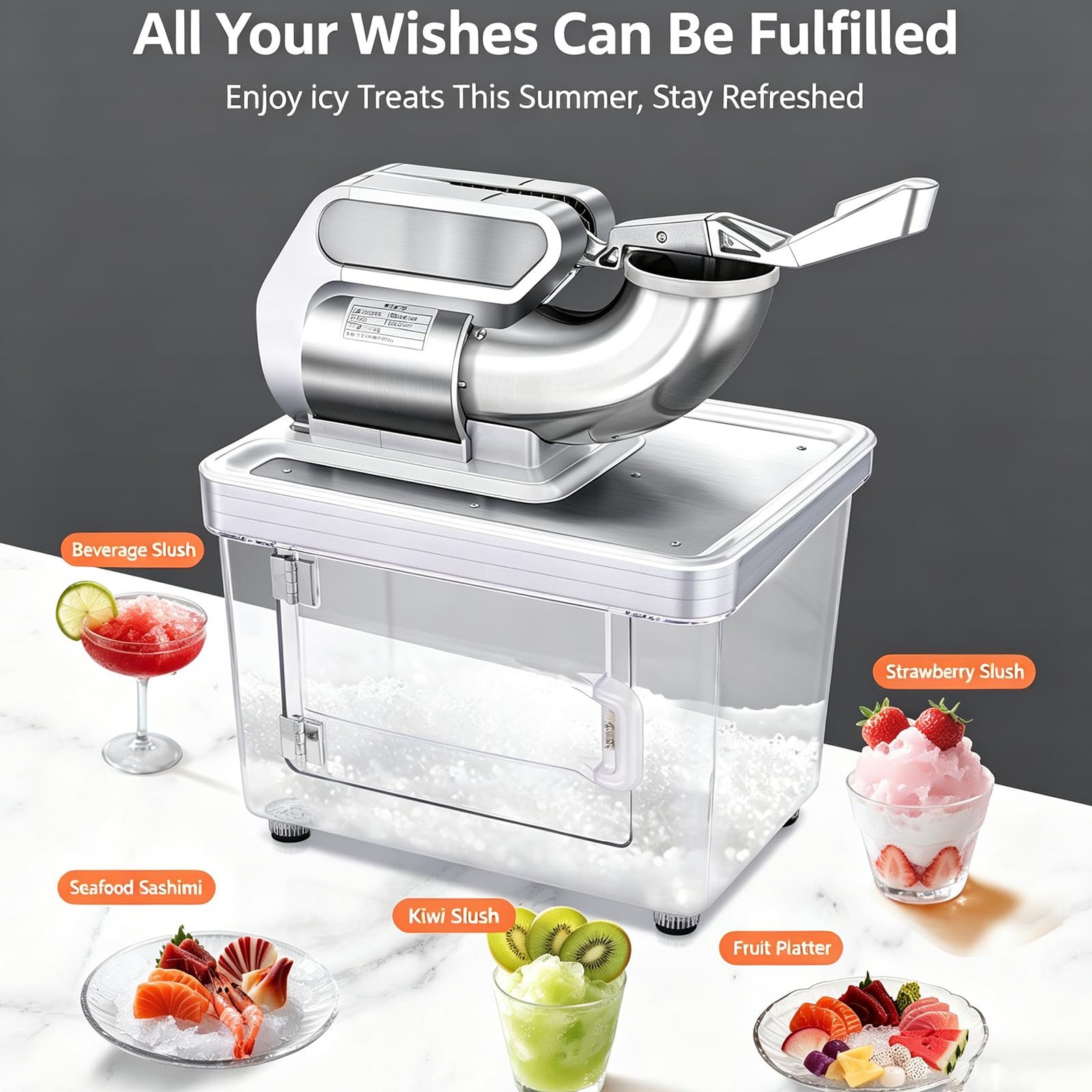 Trituradora de Hielo eléctrica Comercial 350W, 145 lbs/H máquina automática de Hielo con 8 contenedores de galones, máquina de Hielo afeitada de Acero Inoxidable para Bares Restaurantes Cafés