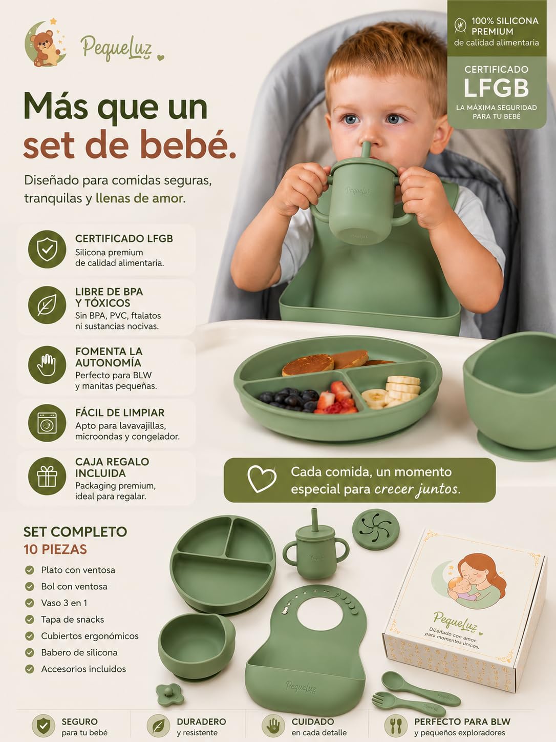 Set Pappa Svezzamento Neonati in Silicone LFGB – 10 Pezzi | Set Autosvezzamento Premium con Piatto e Ciotola con Ventosa, Tazza, Bavaglino e Posate Bambino | Senza BPA