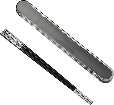 Metal chopsticks with case Reusable 1 Pair 18/8 Stainless Steel, Black | Travel Chopsticks, Dishwasher Safe, Square Lightweight, Non-Slip, With Case