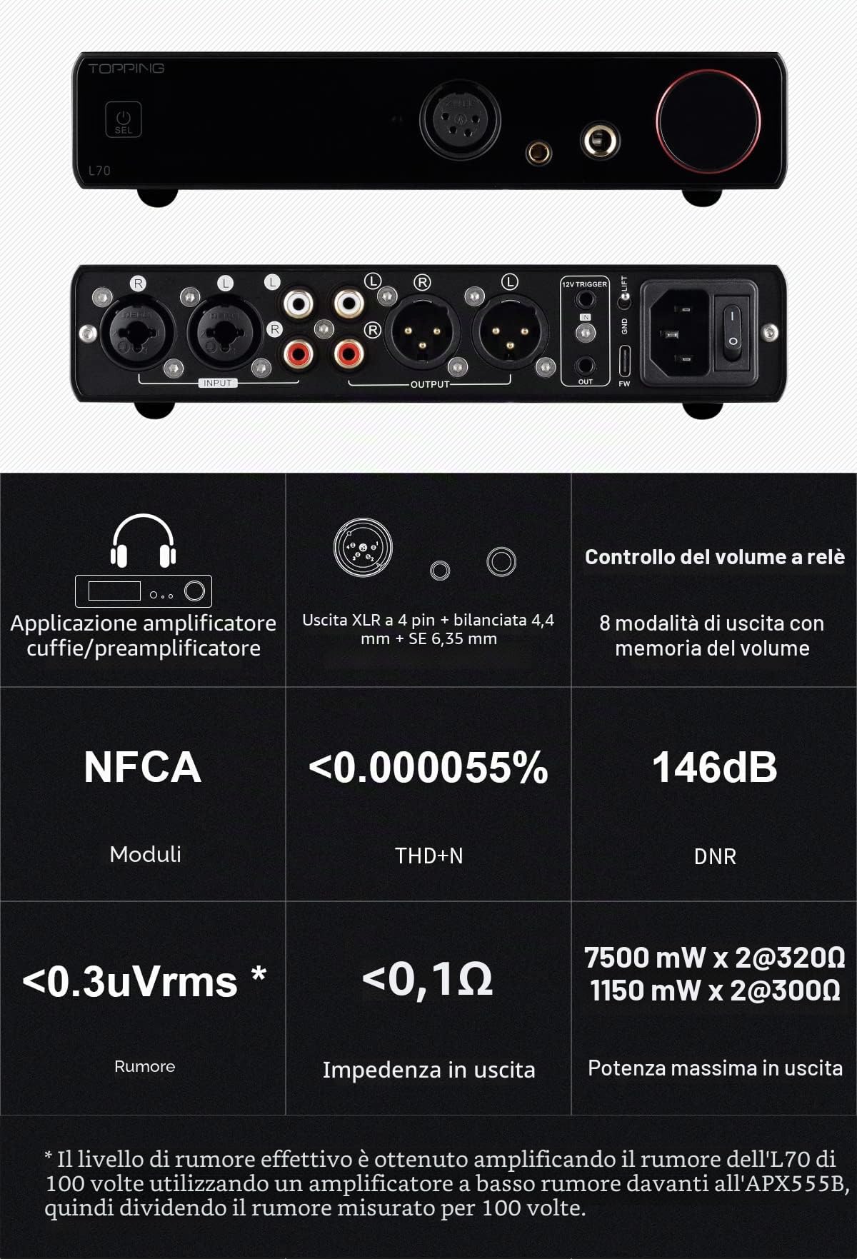 Topping L70 Amplificatore per cuffie NFCA completamente simmetrico - XLR/4,4 mm bilanciato/6,35 mm SE cuffie amplificatore 7500 mW x 2 uscite R2R controllo volume preamplificatore argento