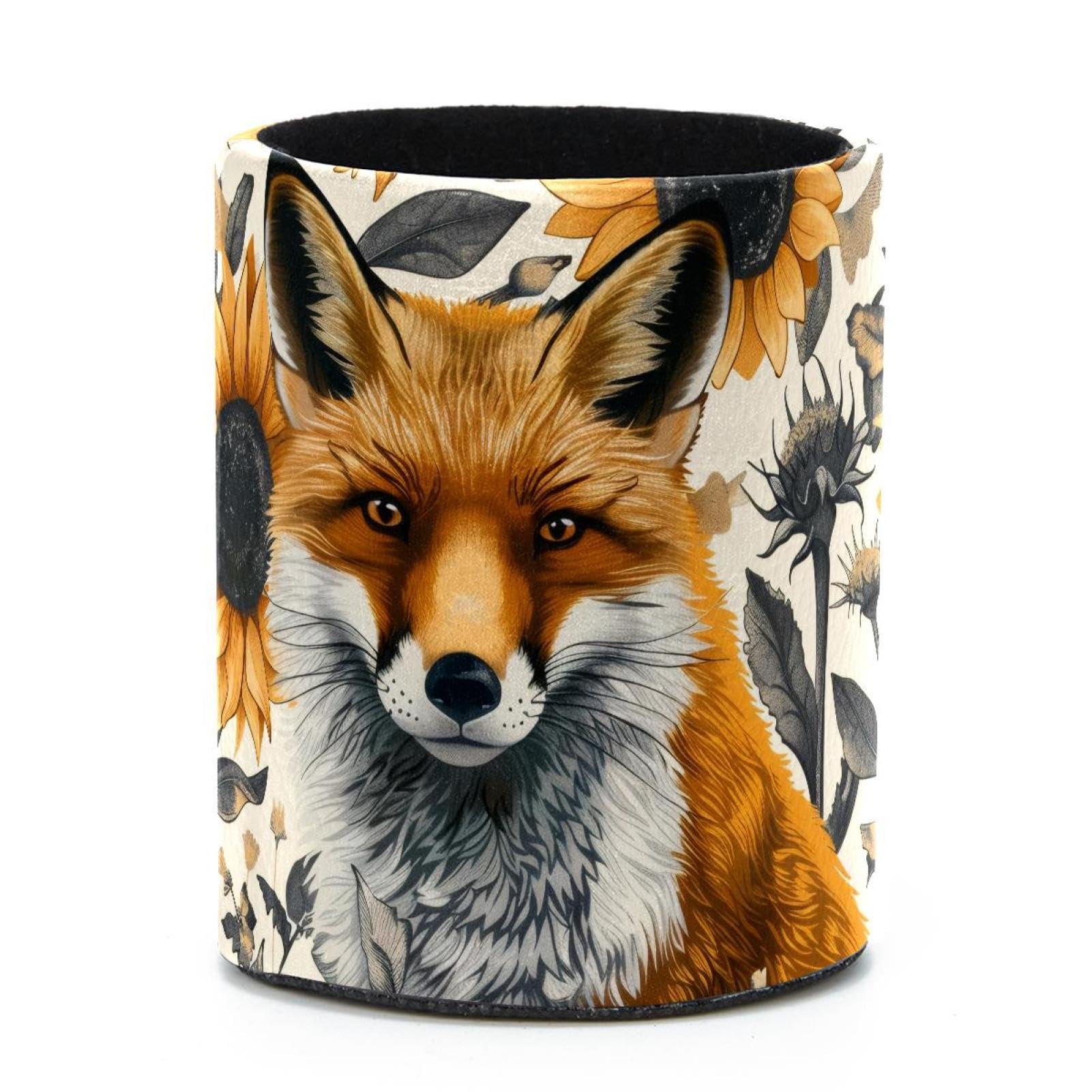 VAPOKF Round Pencil Holders for Desk, Fox with Sunflowers Pen Holders Pen Pot Makeup Brushes Storage Desktop Stationery Supplies Organiser for Home Office