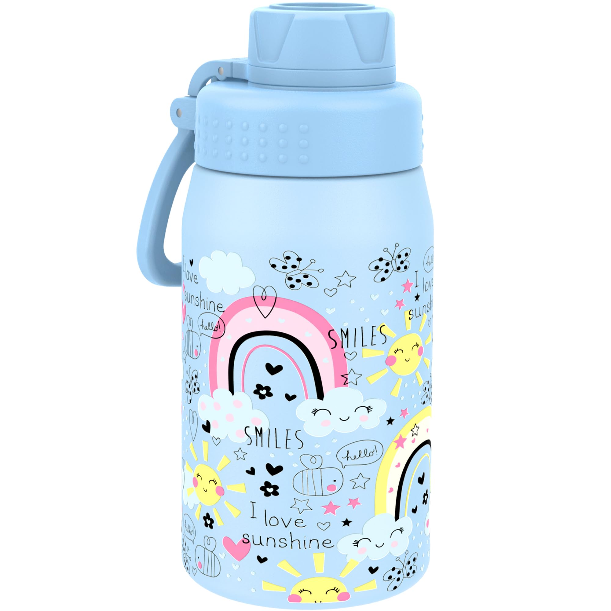GOPPUS 420ml/15oz Kids Insulated Water Bottle with Screw Lid (No Straw) Stainless Steel Toddler Bottle School Flask Girls Boys Drinks Cup with Handle & Leakproof & Keep Drinks Cold (Blue Rainbow)