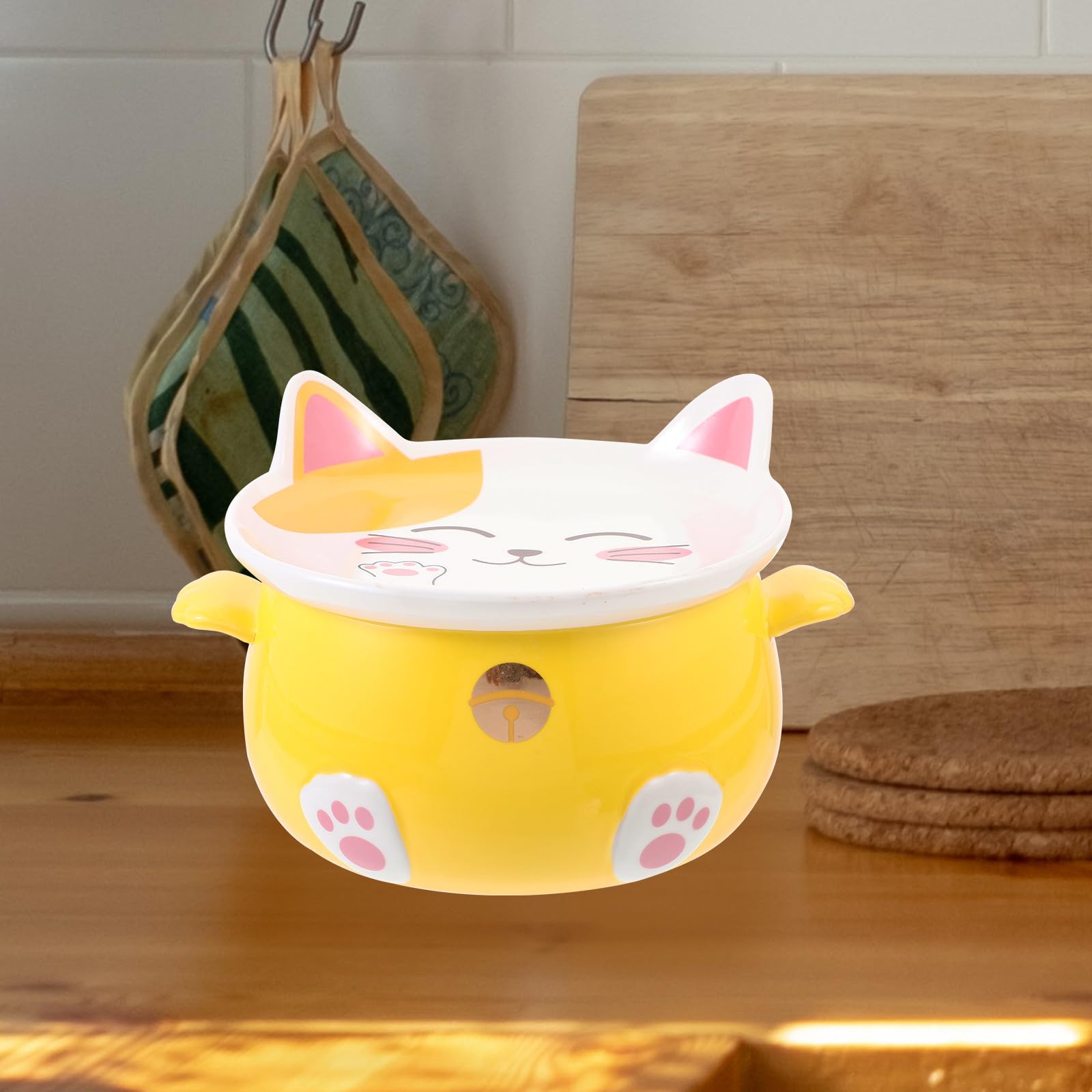 Tazón de Ramen de Gato de Cerámica Tapa, Multiusos para Sopa y Postre, Diseño Amarillo Borde Liso Adecuado para Uso en Casa