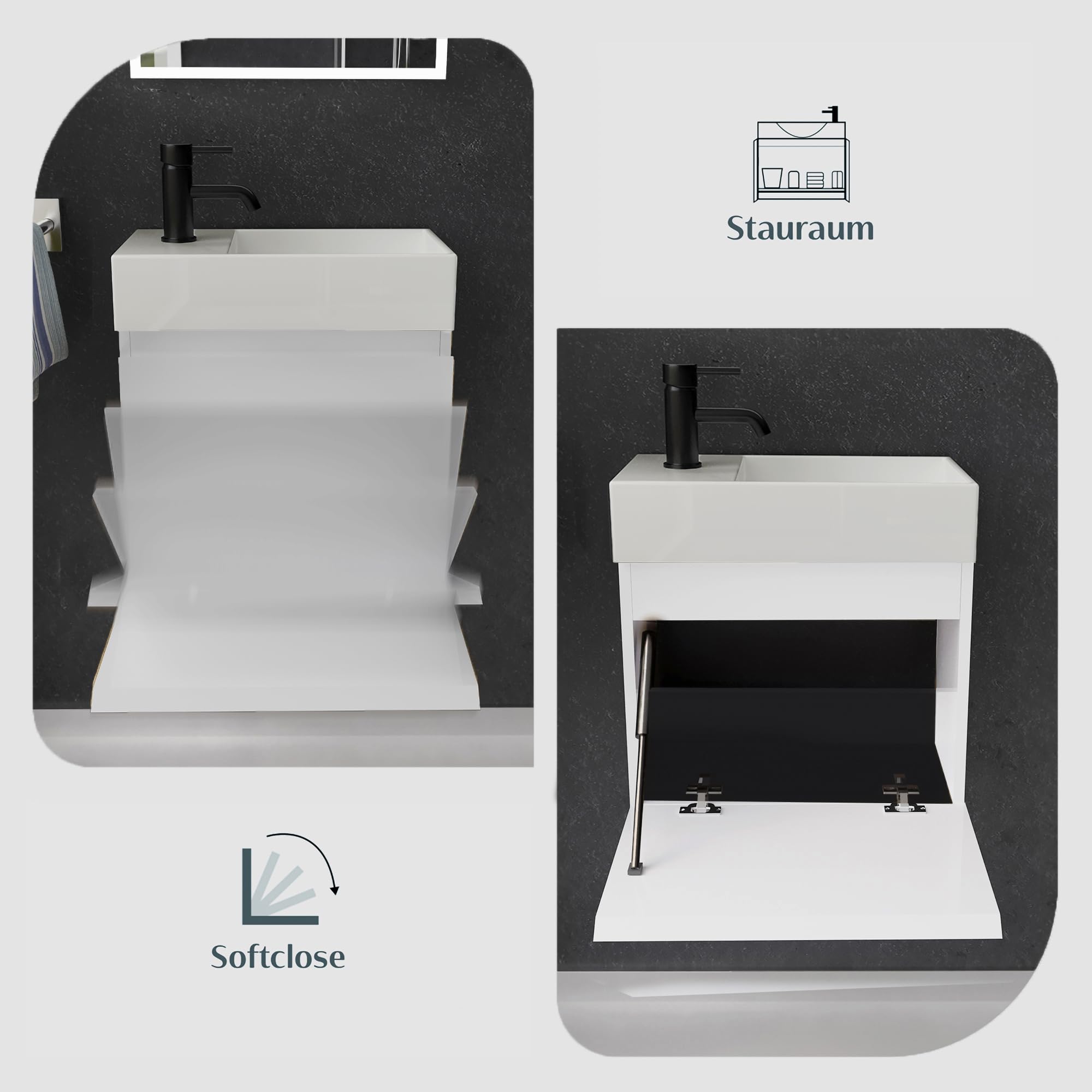 Alpenberger Gäste WC Waschbecken mit Unterschrank 45 cm Breit | Waschtisch Set Klein | Aufsatzwaschbecken Waschtischunterschrank Hängend | Möbel Bademöbel-Set | Waschbeckenunterschrank Weiß