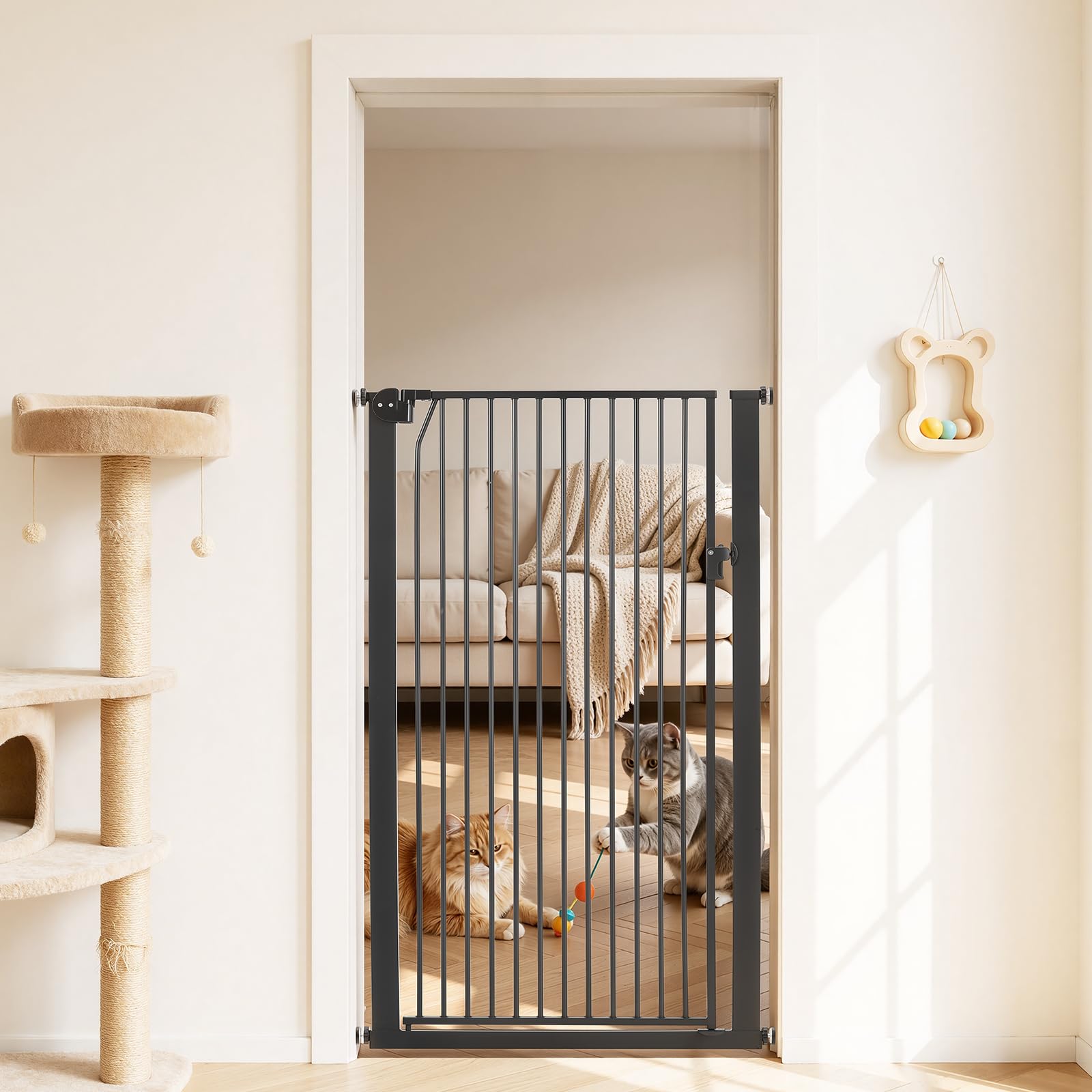 VEVOR Barrière de Sécurité pour Animaux Très Haute, Largeur Réglable 74-105 cm, Porte Chien Hauteur 142 cm, Barreaux Espacés 33 mm, Fixation par Pression ou Murale, pour Escaliers Portes Maison, Noir