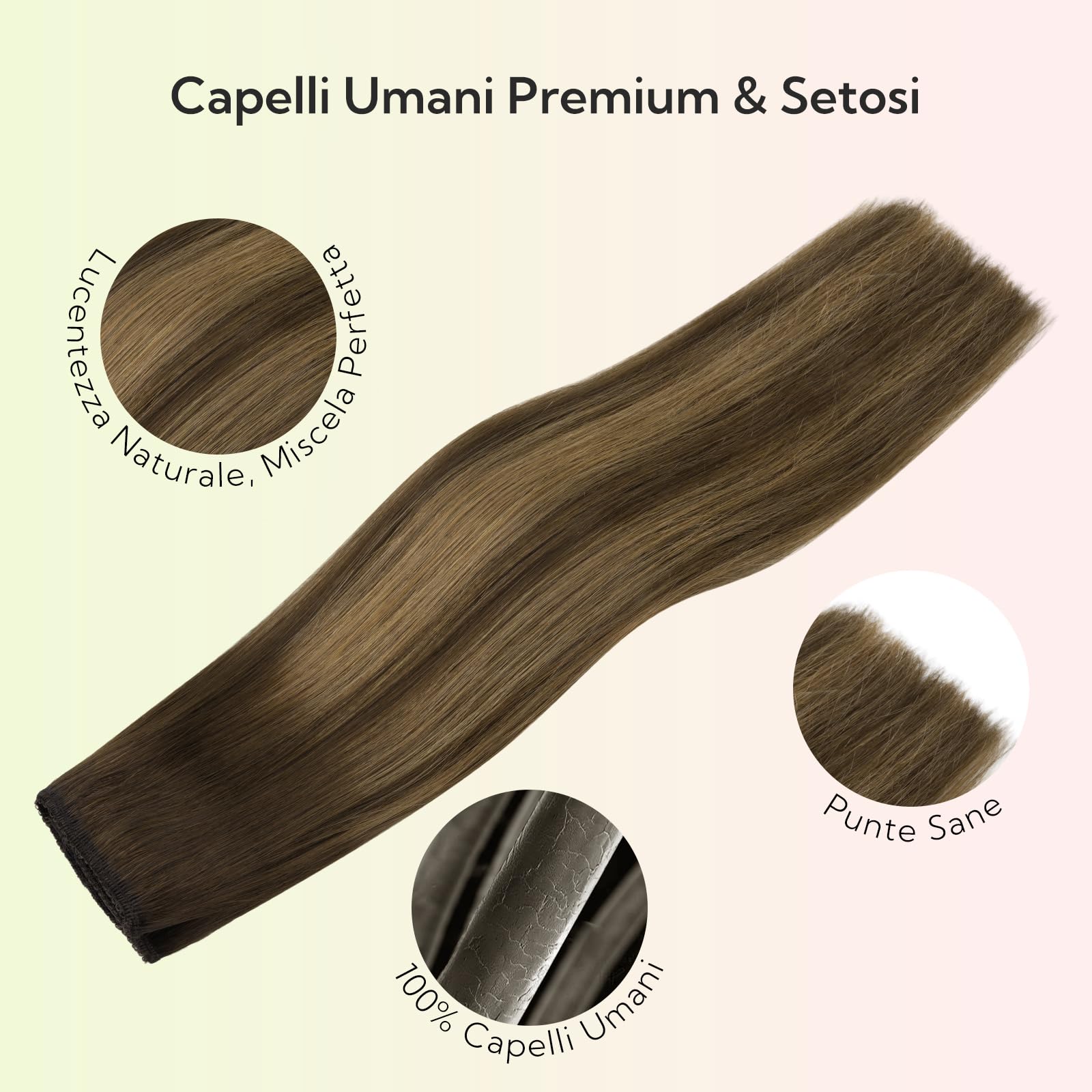 hotbanana Extension Capelli Veri con Filo Invisibile, 45cm 95g Balayage Marrone Cioccolato a Biondo Caramello Capelli Umani Remy Lisci, Invisible Wire Hair Extensions, Extension in Capelli Veri