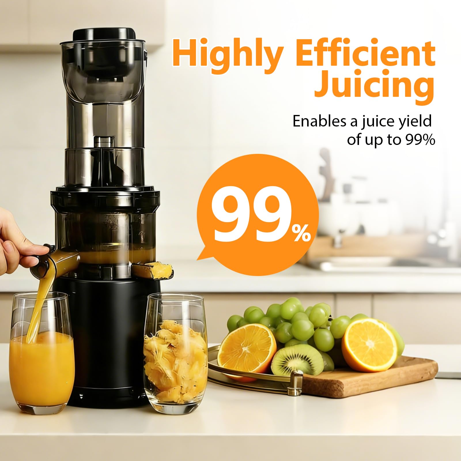 Extracteur de Jus 500W, Slow Juicer Grande Ouverture 170mm, Sans BPA, 99% de Rendement, 2 Récipients