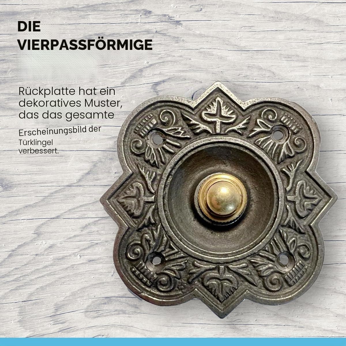 Türklingelknopf aus Gusseisen, traditioneller Vierpass-Form, 10 x 10 cm, Messing-Druckknopf mit Gusseisen-Einfassung, Vintage-Stil