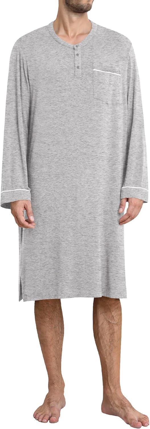 SWOMOG Men's Nightshirt Long Sleeve Nightgown Soft Loose Sleepwear Comfy Big & Tall Henley Sleep Shirt for Sleeping S-XXL - Image 3