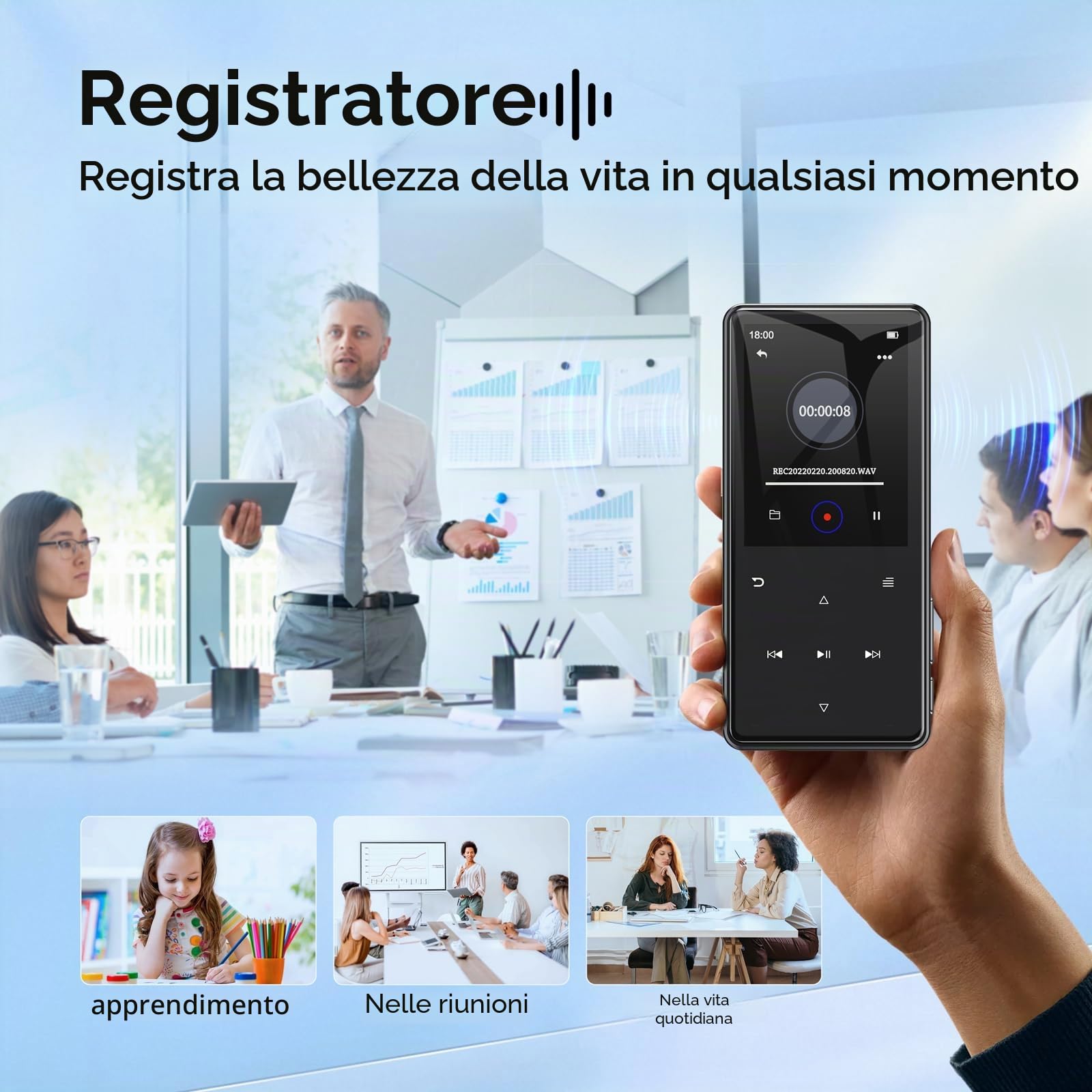 64 GB Lettore MP3 Bluetooth 5.3,Schermo 2,4 pollici altoparlante integrato | Lettore MP3 bambini con radio FM, registratore, e-book e auricolari inclusi,Scheda di memoria espandibile fino a 128 GB