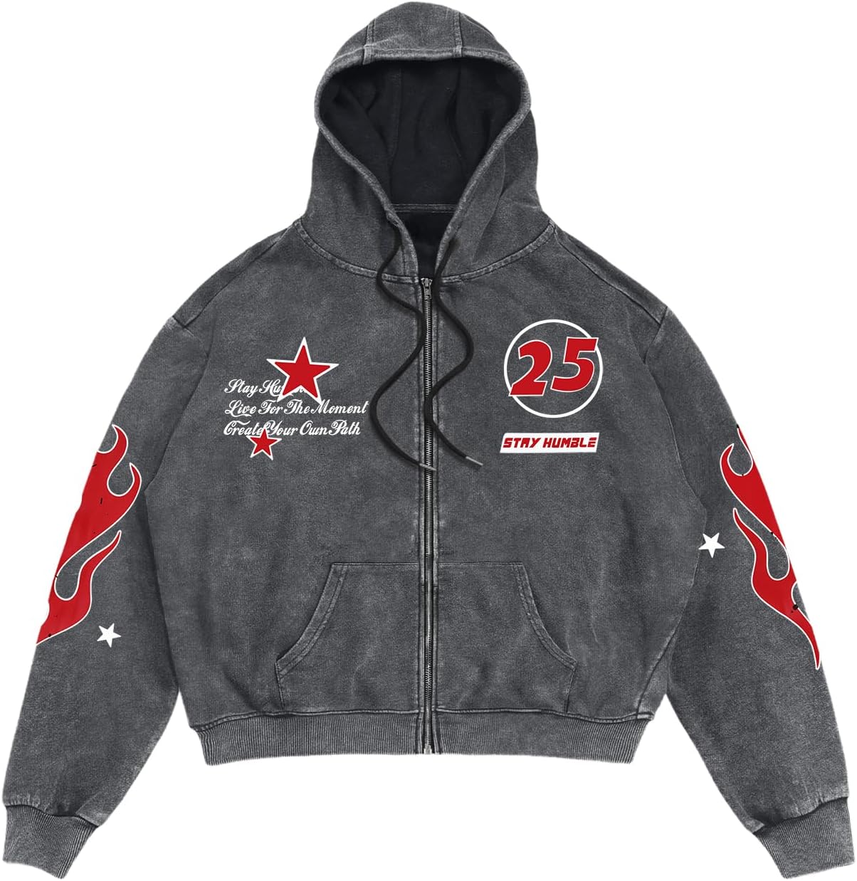 Verdusa Men's Washed Graphic Hoodies Grunge Vintage Lightweight Hip Hop Zip Up Sweatshirt