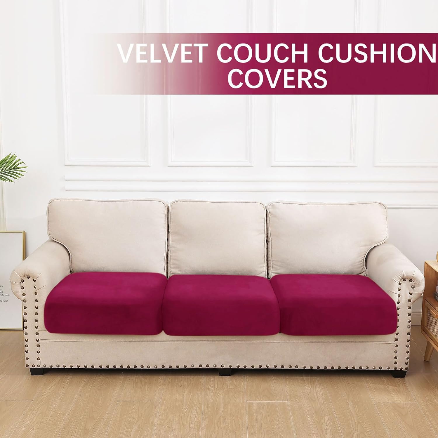 hyha Velvet Couch Cushion Covers, Soft Sofa Seat Covers for sectional 3 Cushion Couch Washable, Magic Sofa Slipcover with Elastic Bottom, Non-Slip Furniture Protector for Pets, Kid(3PC, Wine Red)