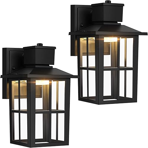 Brightever LED Outdoor Wall Lights, 10W Black Exterior Light Fixture with Clear Glass Shade, 3000K/4000K/6500K Selectable, 800LM High Brightness Outdoor Wall Lanterns for Patio Waterproof, Pack of 2