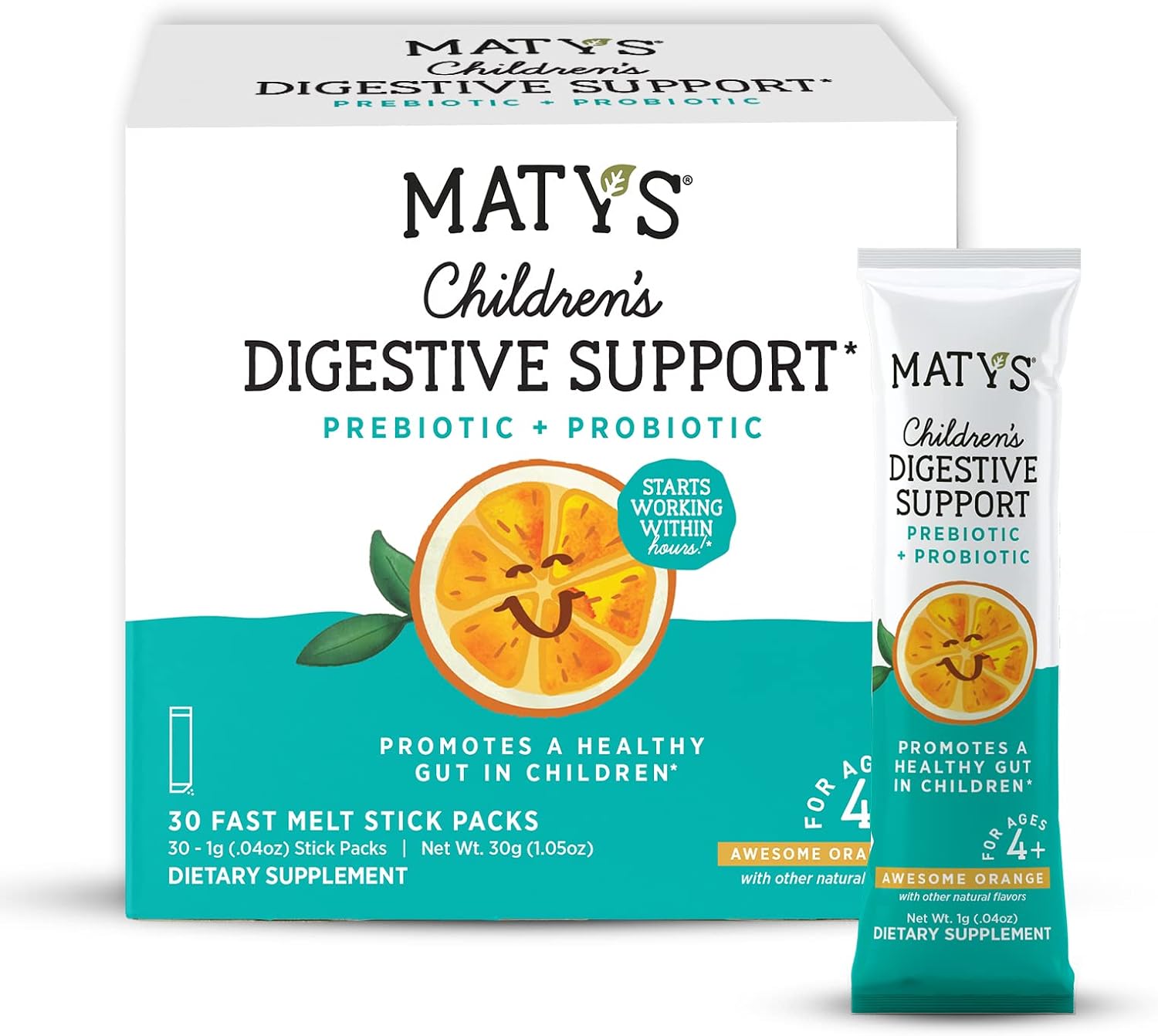 Matys Children’s Prebiotic Probiotic Digestive Support Powder – Digestive Health and Regularity Support for Kids Ages 4 Years and Older – 30 Single Serve Packets